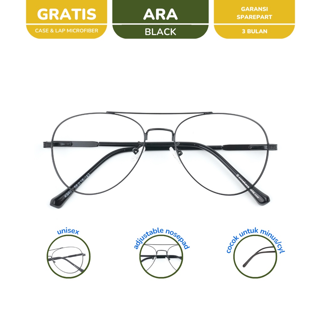 zonakacamata - Oldies Ara Black - Frame Kacamata - Pria/Wanita - Minus/Silinder/Plus