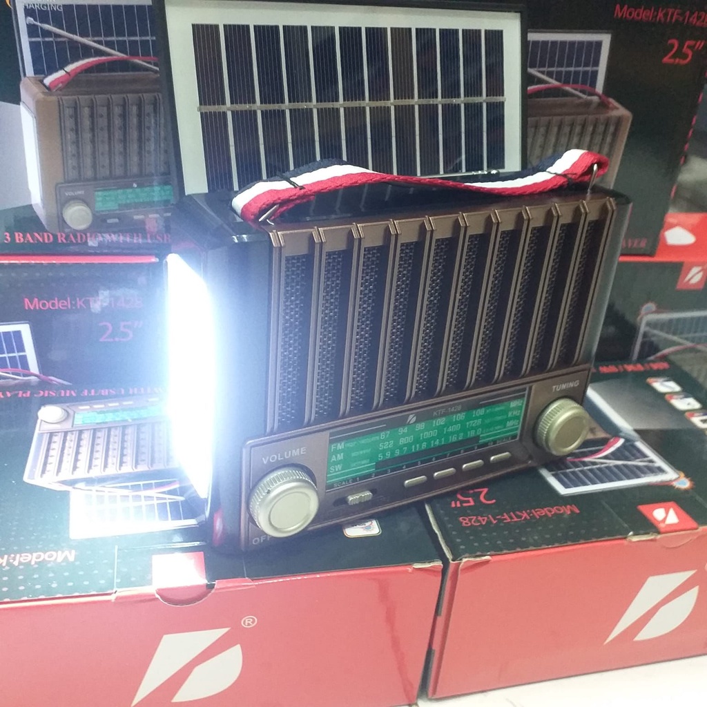 Speaker Radio Portable Multifungsi KTF-1428 Plus Panel Surya | Tenaga Surya-Speaker-Senter-USB-TF Card-Radio FM/AM/SW 3 Band + Bisa Jadi Senter | KTF 1428 Radio digital Senter Bisa Cas Pakai Sinar Matahari | FMS