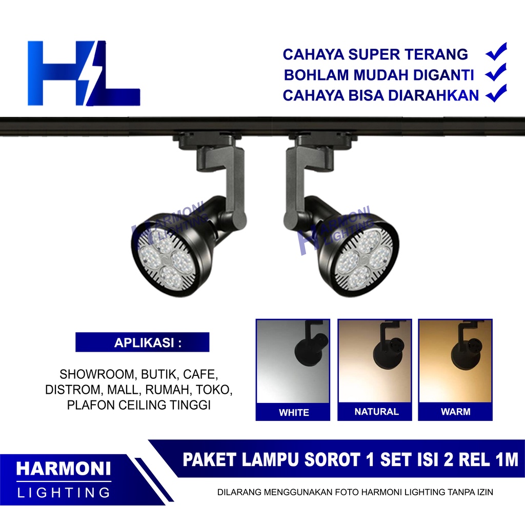 Lampu Sorot Rel LED 35W 45W Set isi 2 - Spotlight, Spot, Track Light, Hitam Putih, Bisa Ganti Bohlam