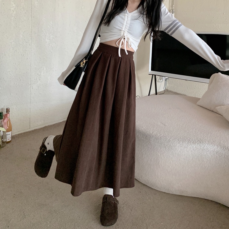 Midi Skirt Corduroy Korean Style High Waist Rok Korduroy