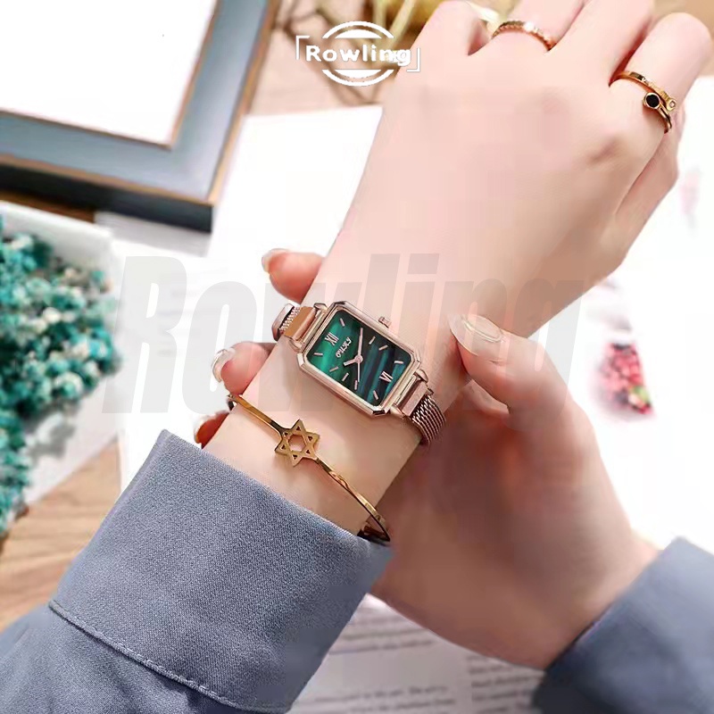 Rowling (Jam-81) Jam Tangan Analog Kotak Strap Stainless Steel  Gesper Magnet Untuk Wanita Import TANPA ACCESORIS