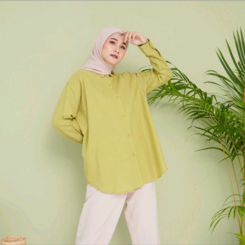 Atasan Kemeja Linen Wanita Oversize Pocket - Kemeja Basic Wanita
