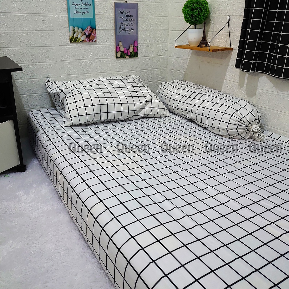 Sprei Single Aesthetic Monochrome Kotak Hitam dan Kotak putih Sprei sudut karet