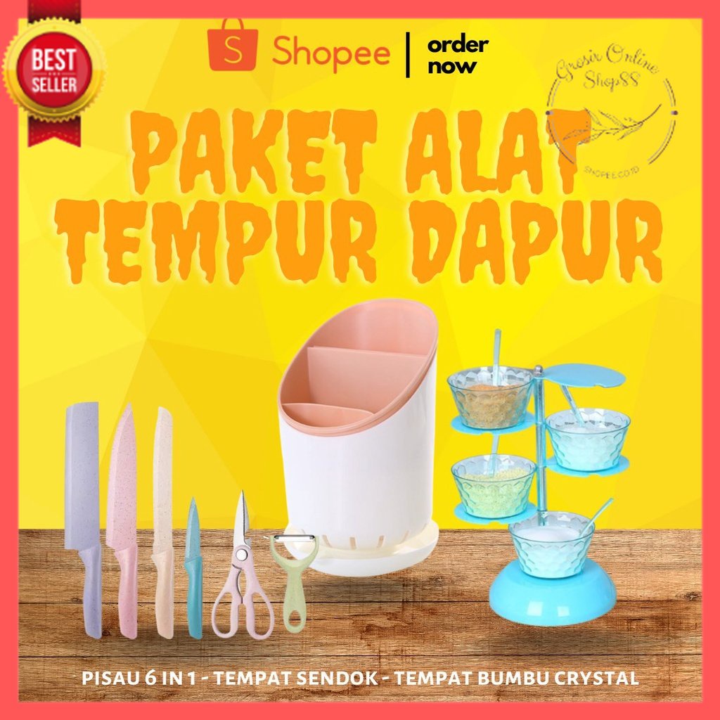 GOS - [PAKET ALAT TEMPUR DAPUR] PISAU 6 IN 1 + TEMPAT SENDOK + TEMPAT BUMBU CRYSTAL