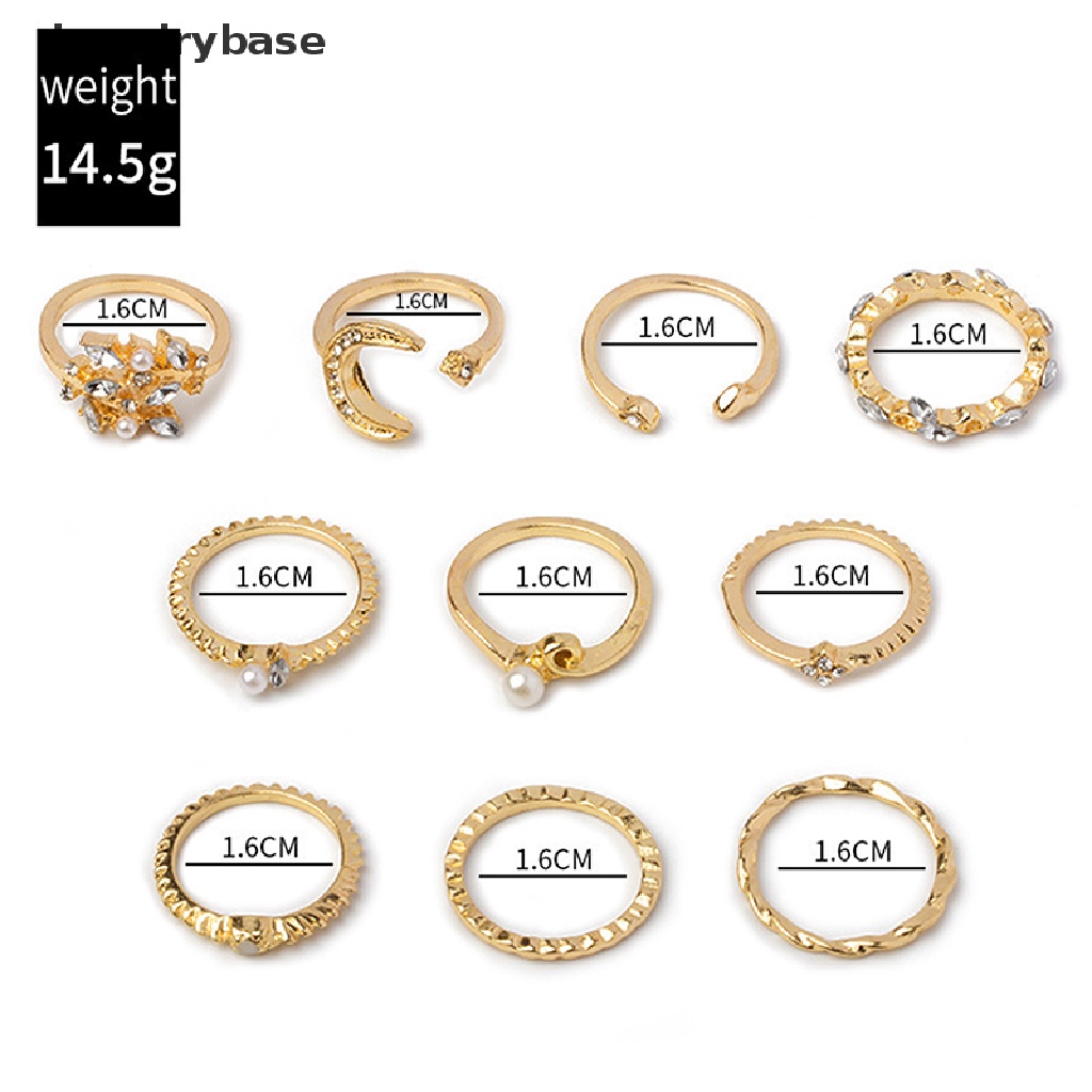 10pcs / set Cincin Bentuk Daun Bunga Bulan Bintang Geometris Aksen Mutiara Kristal Untuk Wanita