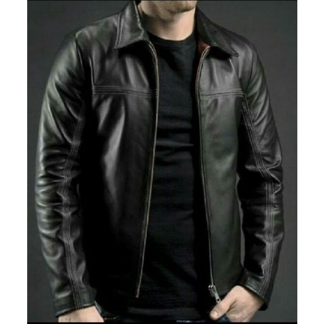 Jaket Kulit Asli Pria Model Kerah Kemeja Anti Air Anti Api