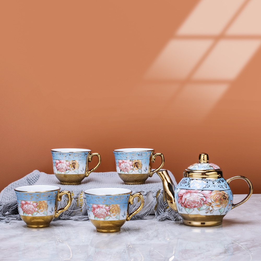 Teko Keramik 4 in 1 Cangkir Set 4 Cups 1 Pot European Style (2 Warna)