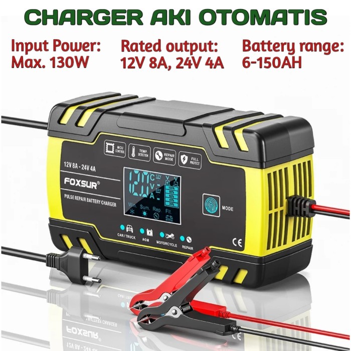 Charger Charger Aki Mobil Motor Portable Cas Aki Foxsur 140W 12V/24V 150Ah Lcd