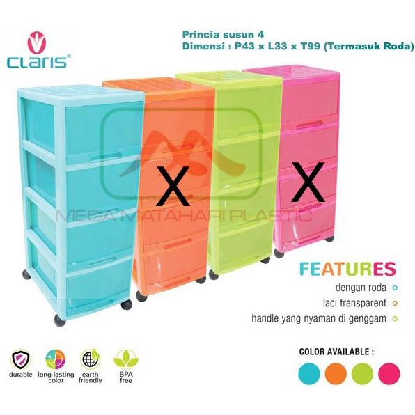 

Lemari / Laci Plastik Princia Susun 4 Claris (Dengan Roda) stock ready