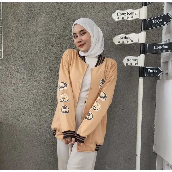 Jacket Varsity CHOCO DONUT BASEBALL Sweater Wanita Oversize Look Daily Kasual Korean Style