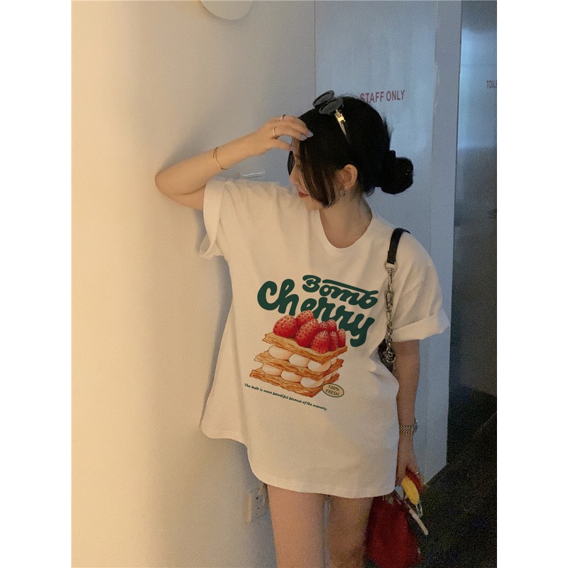 EUNII T-shirt Lengan Pendek Strawberry Cake Korean Style/Kaos Atasan Wanita/Baju Kaus Oversize Wanita/Kaos Wanita