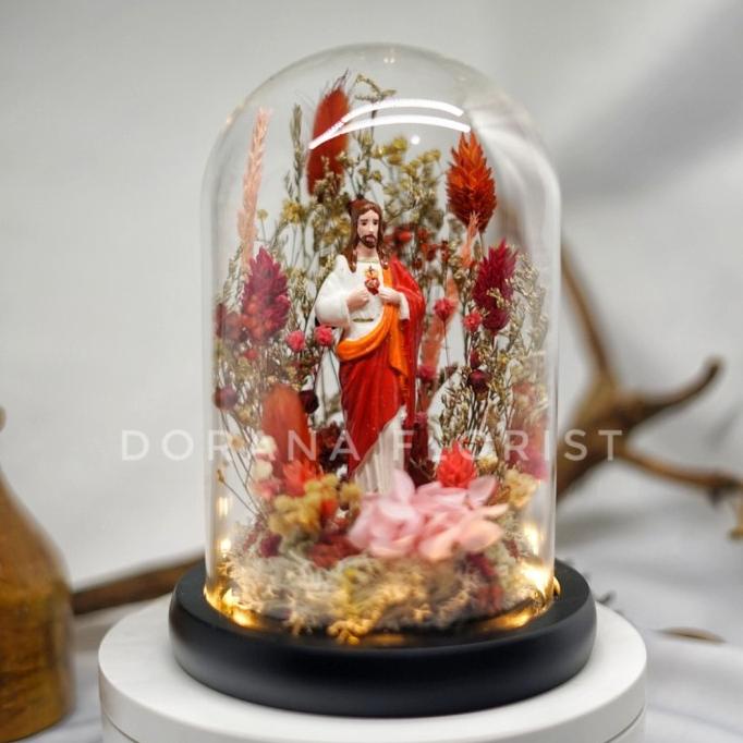 Flower Glass Dome Spesial Natal Patung Yesus Built in LED 10 x 16 cm