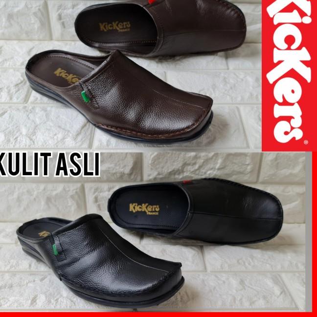Sandal Kulit Kickers - Sendal Selop Pria - Sepatu Sandal Kickers - Hitam, 39