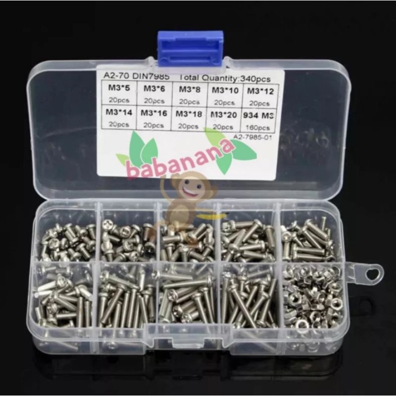 340pcs M3 plus screw button head baut sekrup stainless besi mur nut