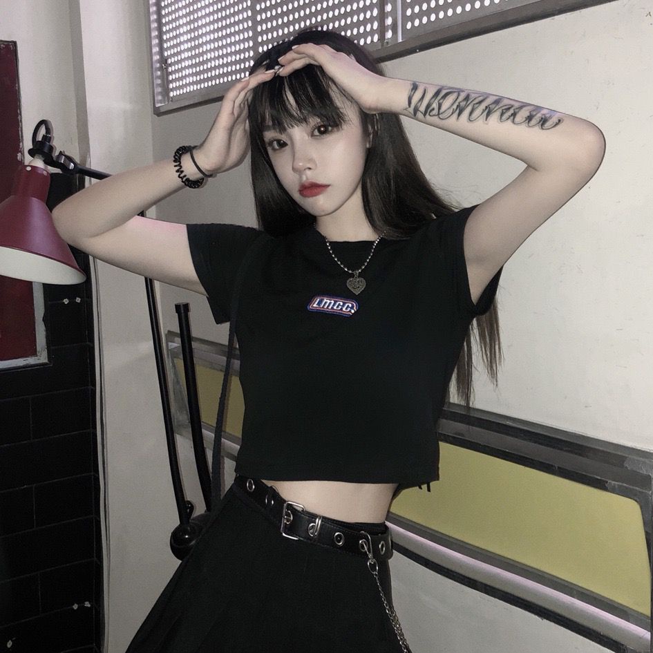 [littlecrab] Crop Top LMCC Swag Simple Polos Elegan Hitam Pink Biru Atasan Kaos Crop Polos Bordir Premium Berkualitas High Neck Swaggy Street Korean Style