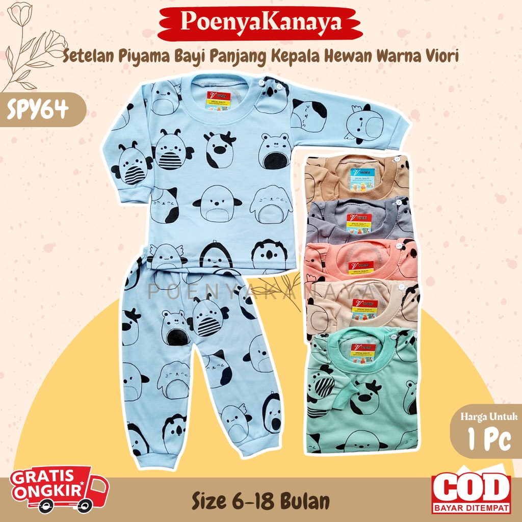 Setelan Baju Bayi Piyama Bayi Panjang KEPALA HEWAN WARNA Viori Size 6-18 Bulan SPY64