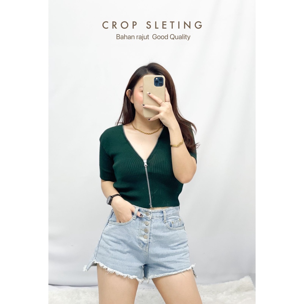 Basic id fashion  Crop Top Rajut Zipper / Crop Top lengan pendek