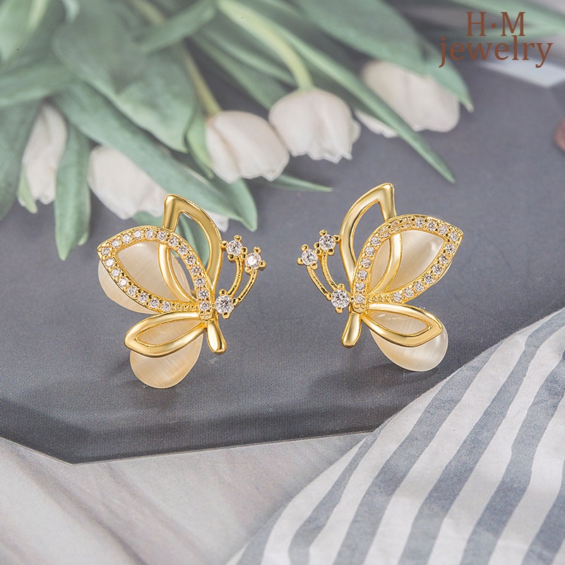 Butterfly Anting Tusuk Bentuk Kupu-Kupu Hias Batu Opal + Berlian Imitasi Elegan Berkilau Untuk Wanita