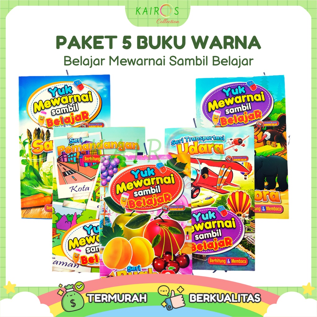 Buku Edukasi Isi 5 Warna dan Belajar Mewarnai Anak Motif Buah, Hewan, Sayur, Transportasi