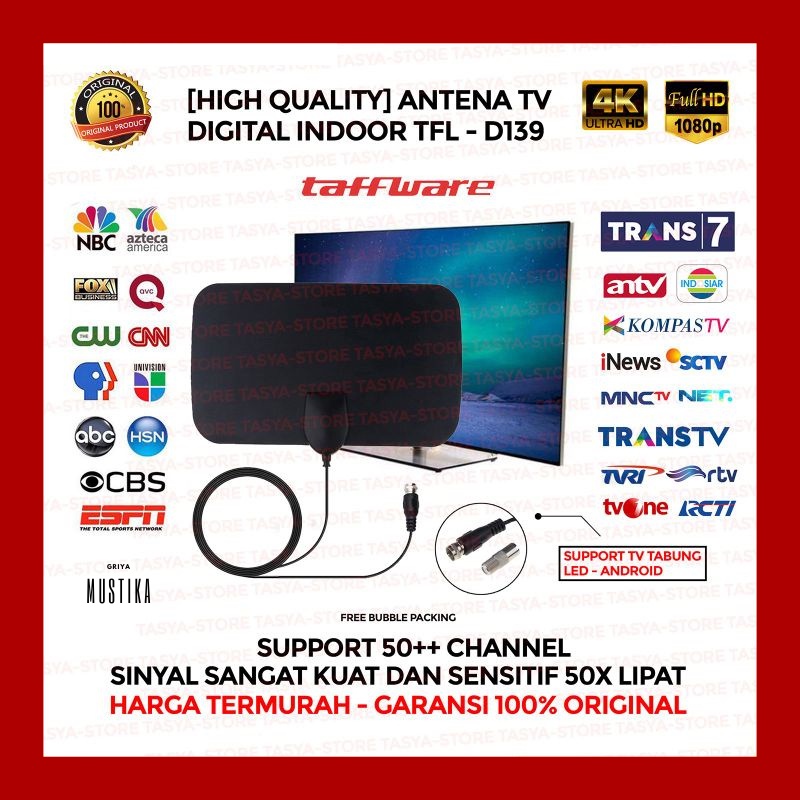 Antena TV Super Jernih LED Digital Indoor Outdoor DVB-T2 4K High Gain 25dB TFL-D139 ORIGINAL Taffware Tipi Televisi Tabung Tempel Dinding