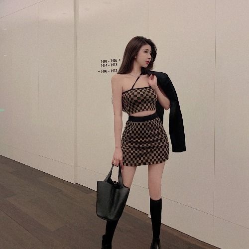 Suhao ukuran besar wanita kotak-kotak dibungkus dada rompi gadis panas pinggul ketat setelan rok musim panas lemak mm200 kati perancis seksi