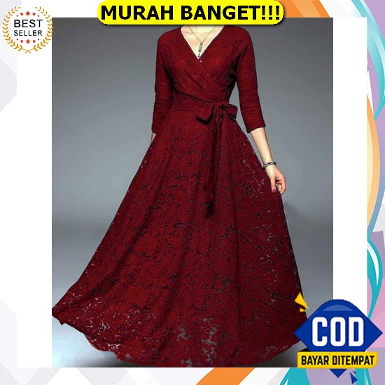 Baju Dress Wanita Kekinian Midi Dress Korea Remaja Dewasa Full Brokat Merah Hitam Seragam Baju Pesta