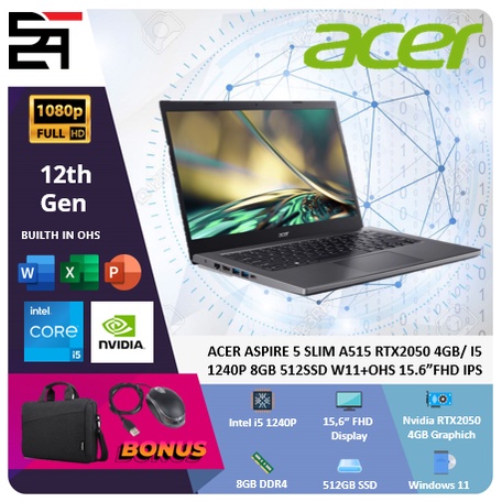 Acer Aspire 5 SLIM A515 RTX2050 4GB i5 1240P 8GB 512GB SSD W11+OHS 15.6 Inchi FHD IPS