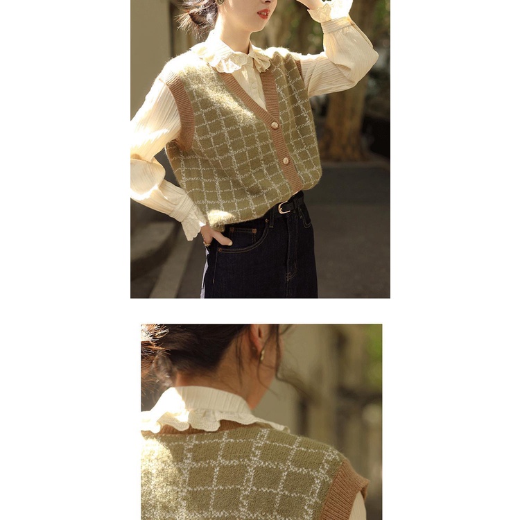 Suzy Vest Rompi V Neck Motif Crop Top Kotak Rajut Wanita Korea