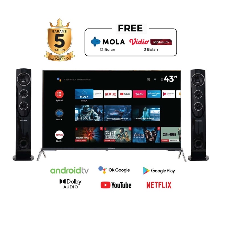 TV LED POLYTRON 43" Inch PLD 43TAG5959 SPEAKER TOWER SMART ANDROID TV DIGITAL