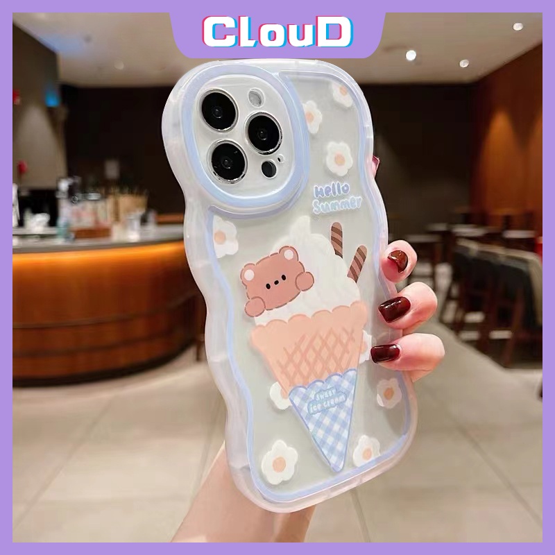 Ice Cream Kartun Beruang Lucu Case Samsung A04s A50 A04 A14 A13 A22 A32 A03s A02s A23 A11 A53 M32 A33 A30s A21s A20 A51 A03 A12 A52 A50s A52s A31 Wavy Edge Fresh Flower Soft Cover