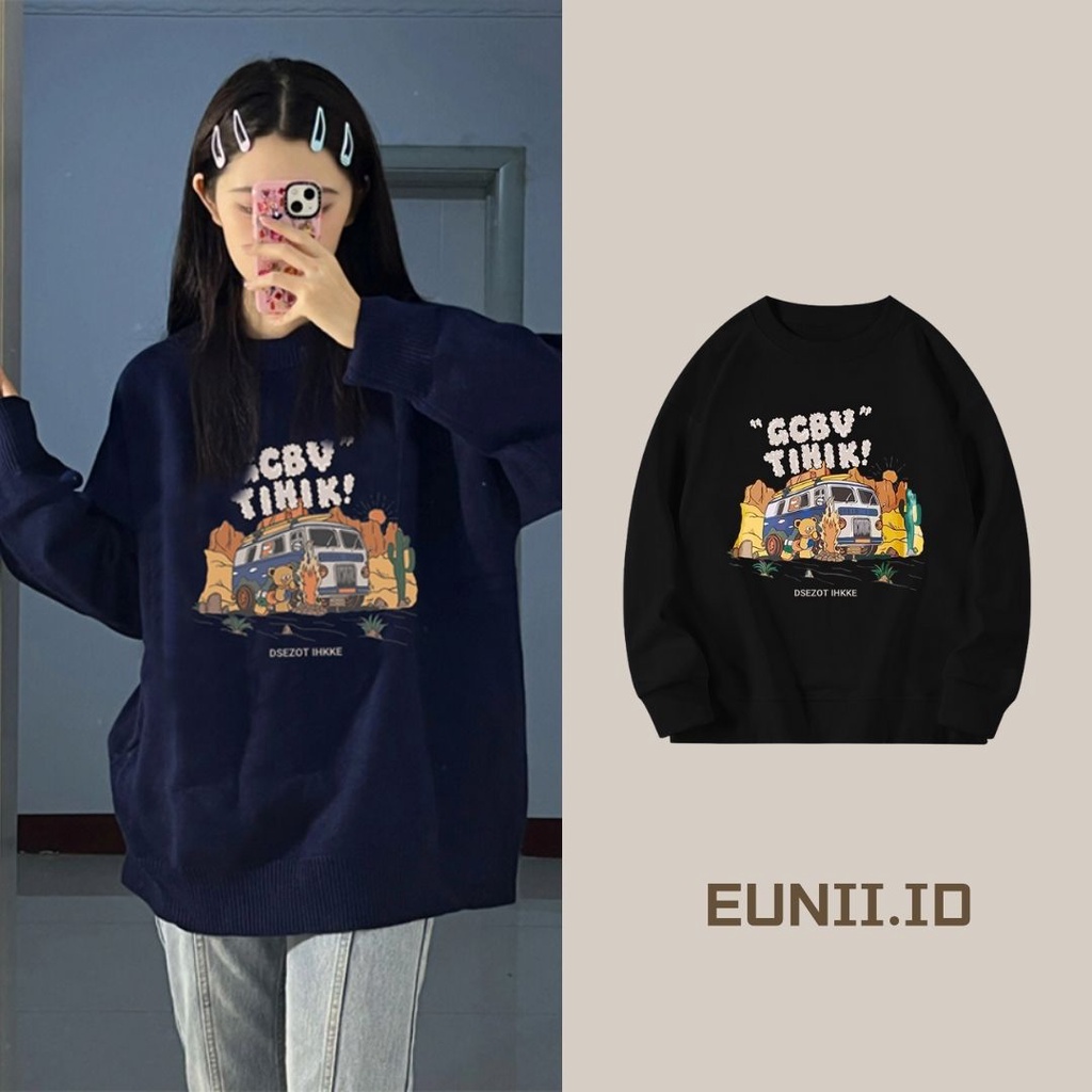 EUNII Sweater Lengan Panjang Cartoon Desert Bus Korean Style/Hoodie Oversize/Baju Wanita/Switer Wanita