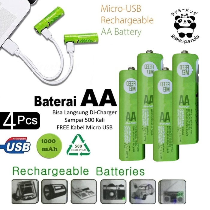 Baterai AA A2 Micro USB 4Pcs Rechargeable isi ulang Rakkipanda