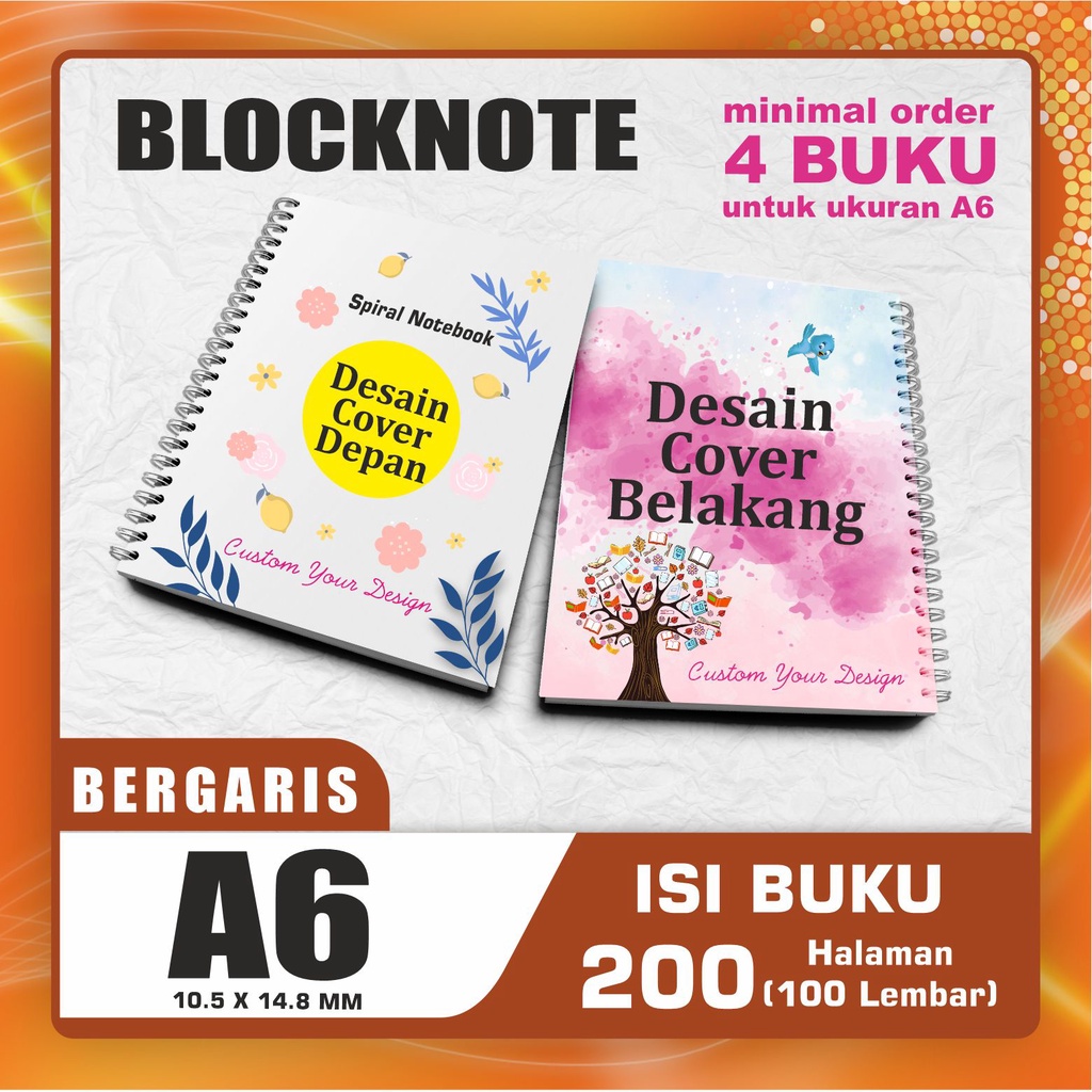 

Blocknote A6 BERGARIS 200 halaman (100 lembar) / Notes A6 Spiral / Notebook A6 Custom Cover Depan Belakang