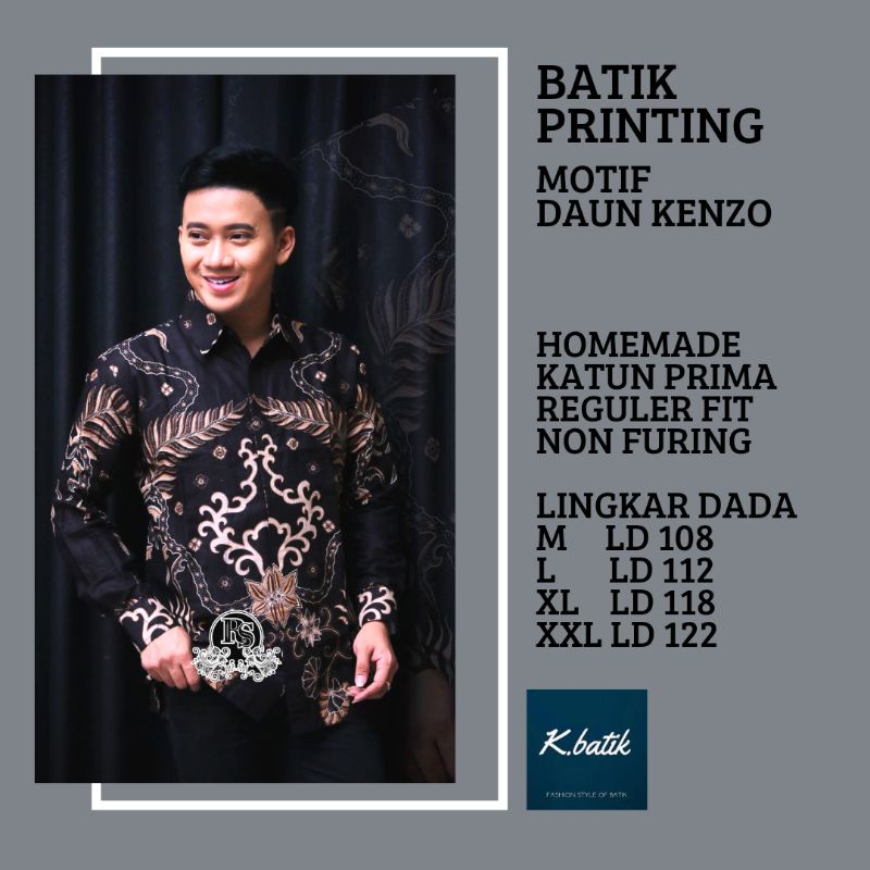 kemeja batik pria lengan panjang motif kenzo hitam