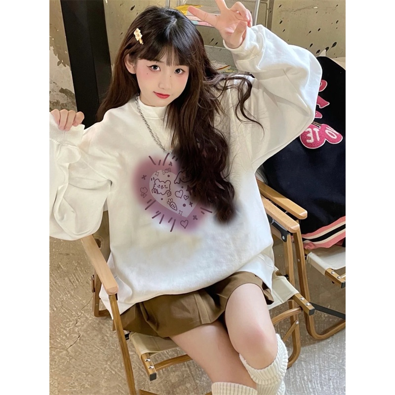 EUNII Sweater Lengan Panjang Cute Love Rabbit Korean Style/Hoodie Oversize/Baju Wanita/Switer Wanita