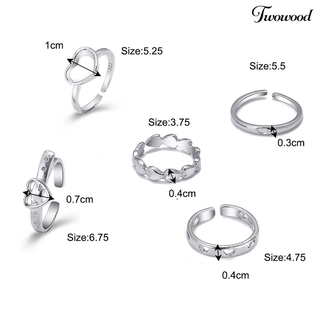 3 / 5Pcs Cincin Knuckle Model Hollow Out Hati Bahan Alloy Untuk Aksesoris Perhiasan