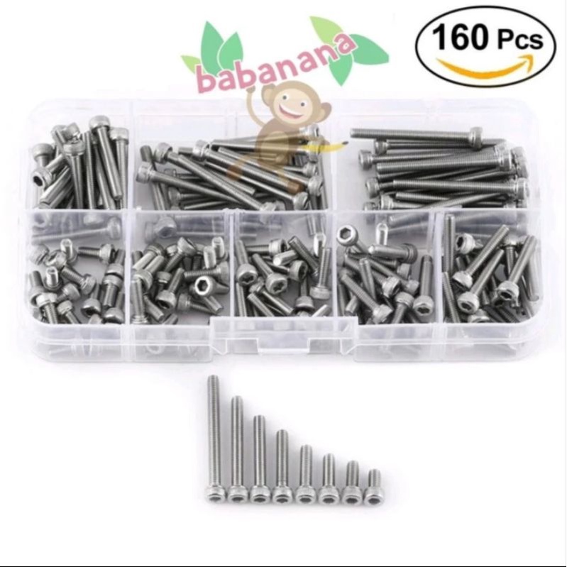 160pcs M3 hex screw cap head baut sekrup stainless besi set kit