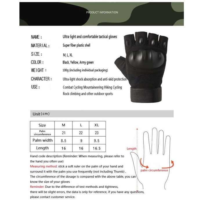 Sarung Tangan Setengah Jari Half Gloves Tactical Military Motor Sepeda - XL, Hitam