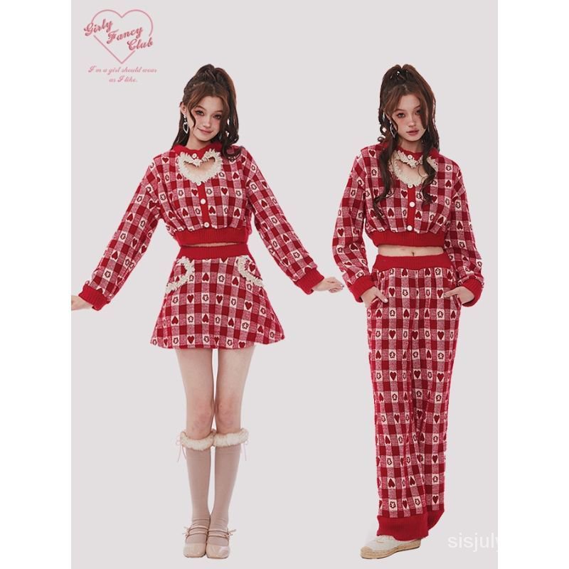 #Sisjuly# Kaus Berongga Hati Natal Wanita Set Setengah Rok Kurus Celana Kurus Wanita