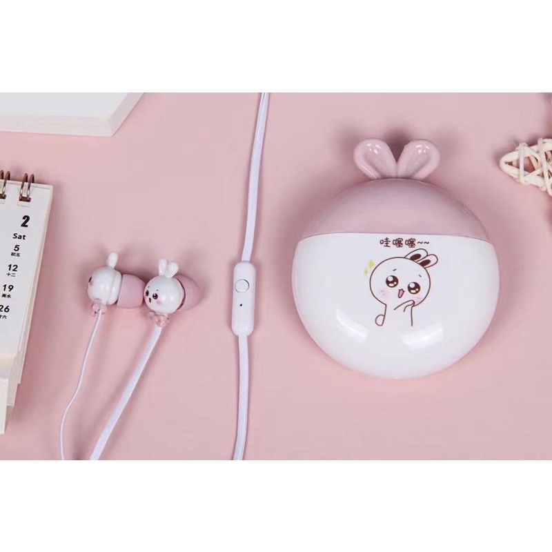 [ KN-8254 ]Set Headset Earphone Lovely earphone RABBIT Daily /Wadah penyimpanan Earphone