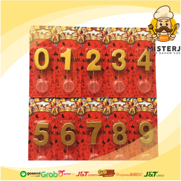 Son Gold | Lilin Angka Merah | Lilin Ulang Tahun Warna Emas | 0 - 9 | All Varian Angka Lengkap