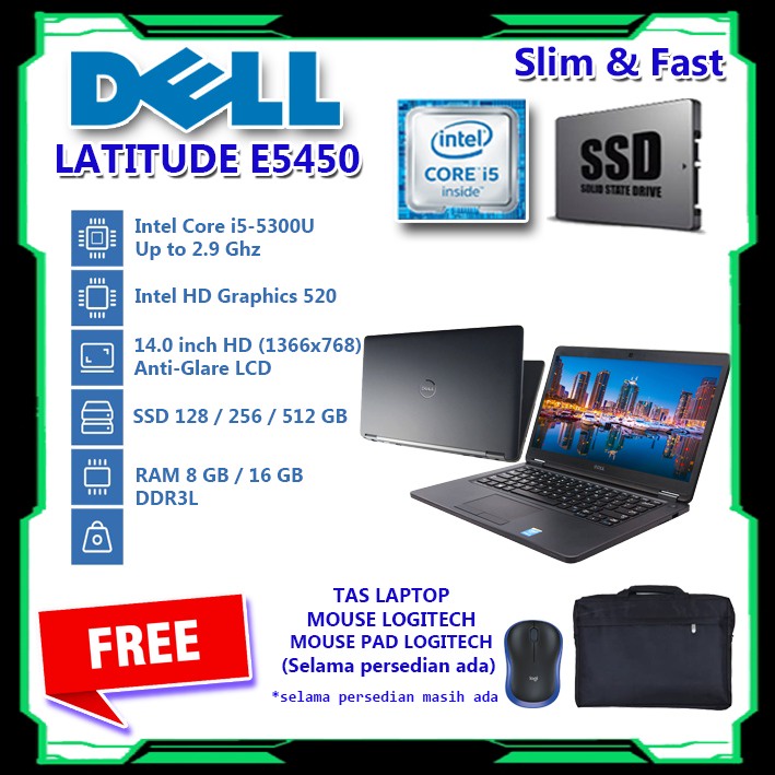 Laptop Intel Core i5 RAM 16 GB 512 GB SSD - DEll E5450 14 Inch