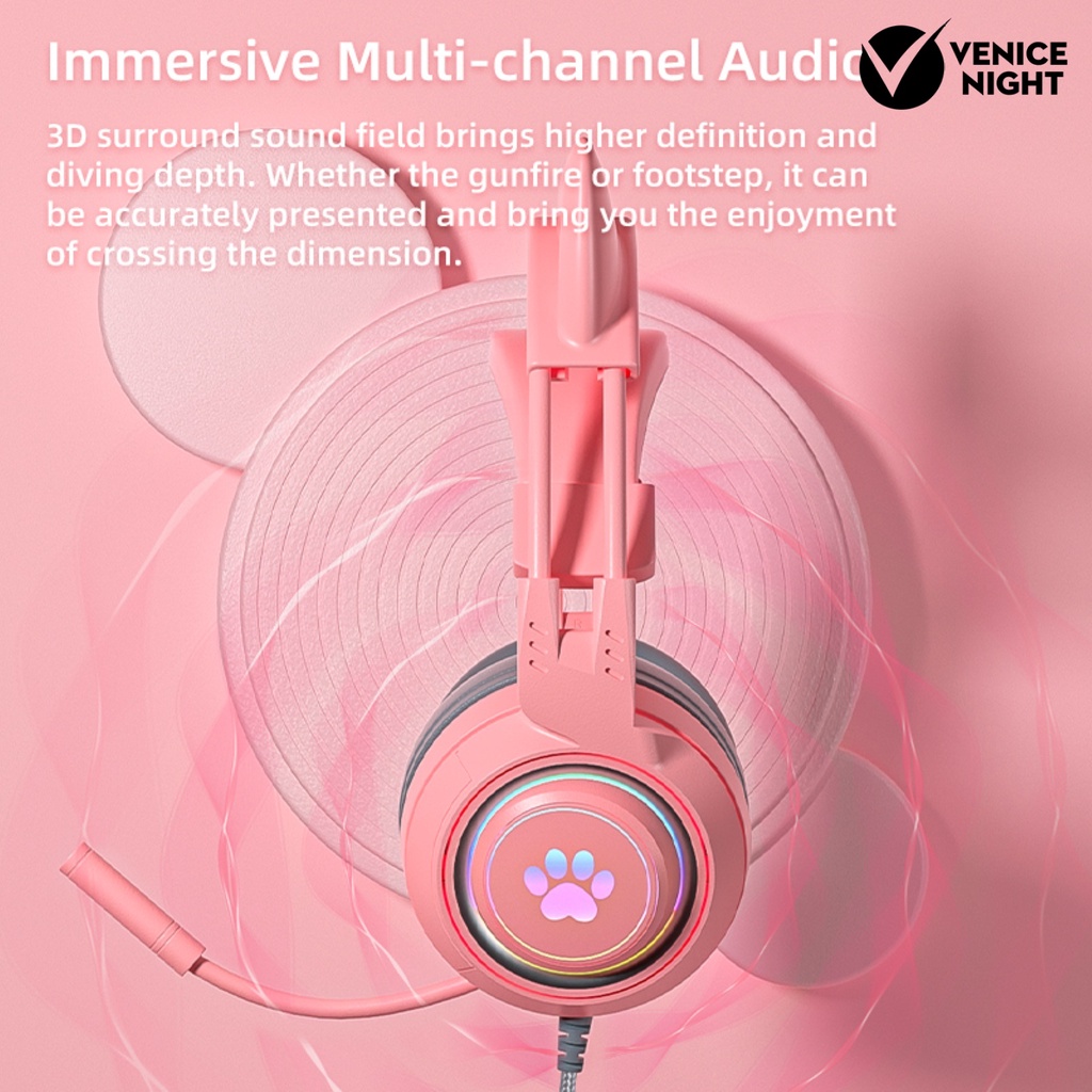 (VNEP) (Berkabel) SY-G25 Headphone Pencahayaan RGB Omni-directional Mic Over-Ear Komputer Headphone dengan Cute Cat Ear untuk E-sport