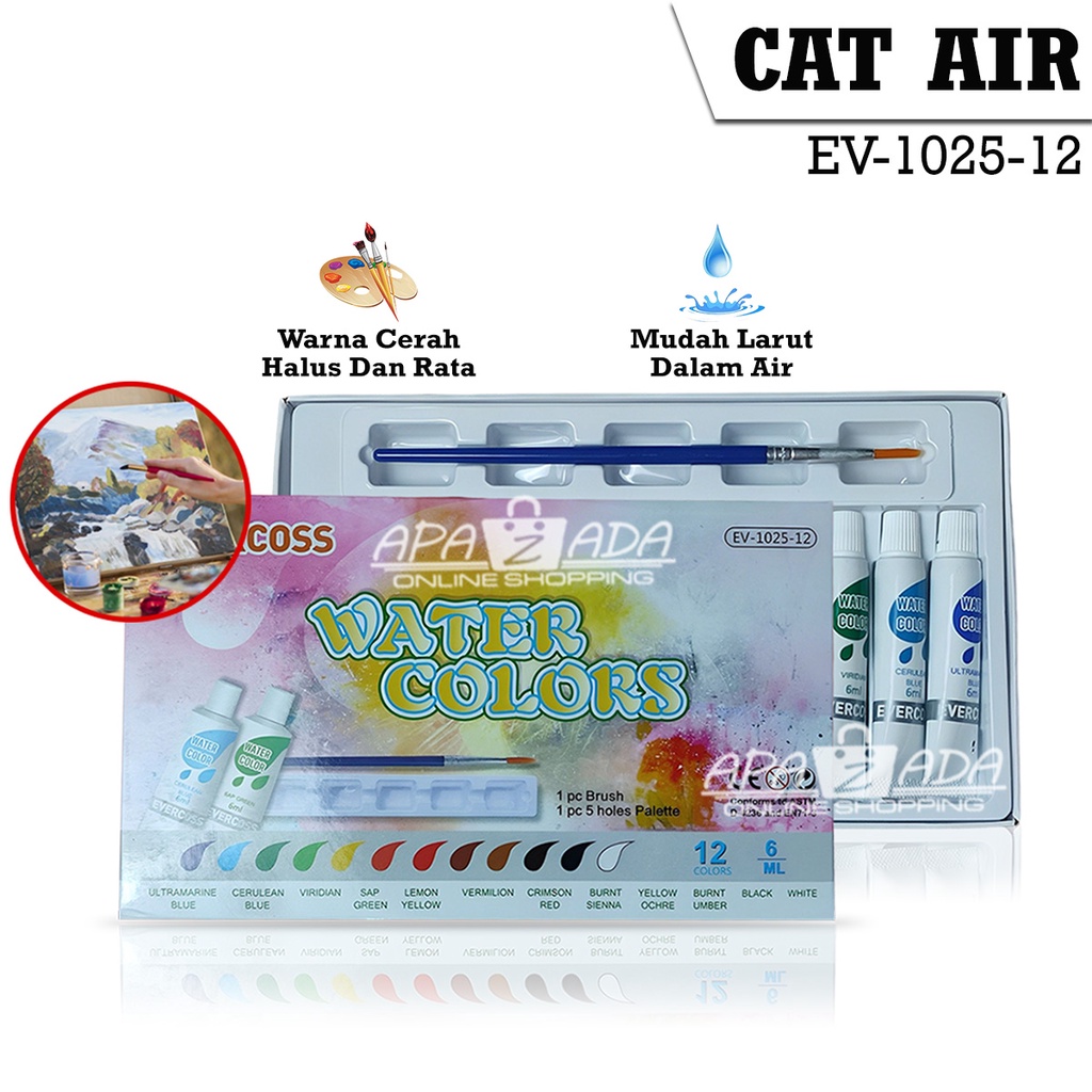 

BH01 Apazada - Solid Watercolor Cat Air 12 Warna Free Kuas / Set Car Air Cat Lukis Evercross