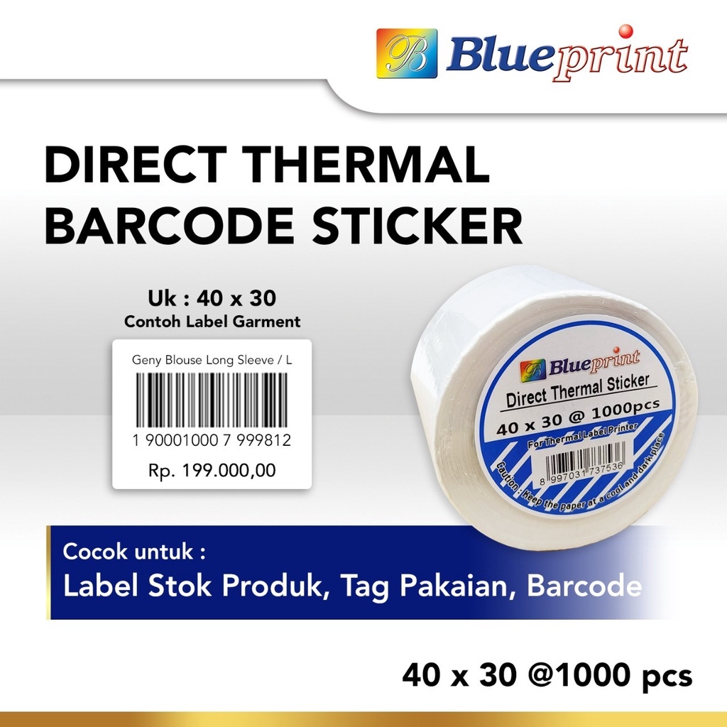 Blueprint Direct Thermal Sticker 40 x 30 mm Stiker Label 40x30 Barcode Harga