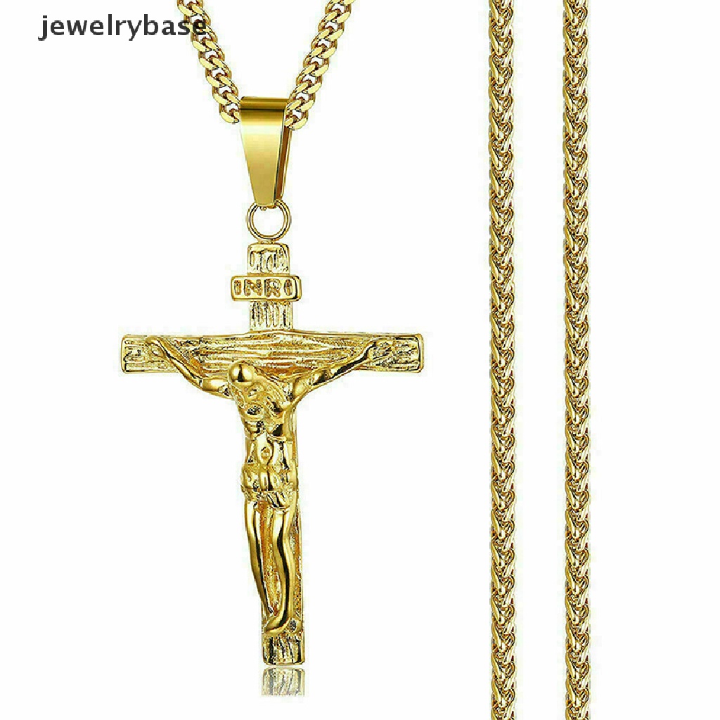 Kalung Rantai Liontin Salib Yesus Bahan Stainless Steel Warna Silver Untuk Pria