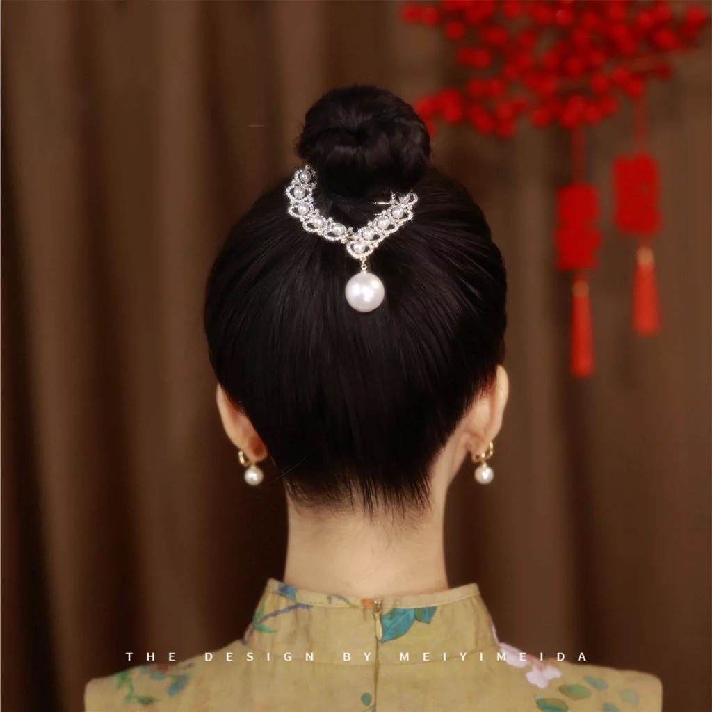 Aksesoris Jepit Rambut Ponytail Bahan Metal Aksen Mutiara Dan Berlian Imitasi Gaya Korea Untuk Wanita