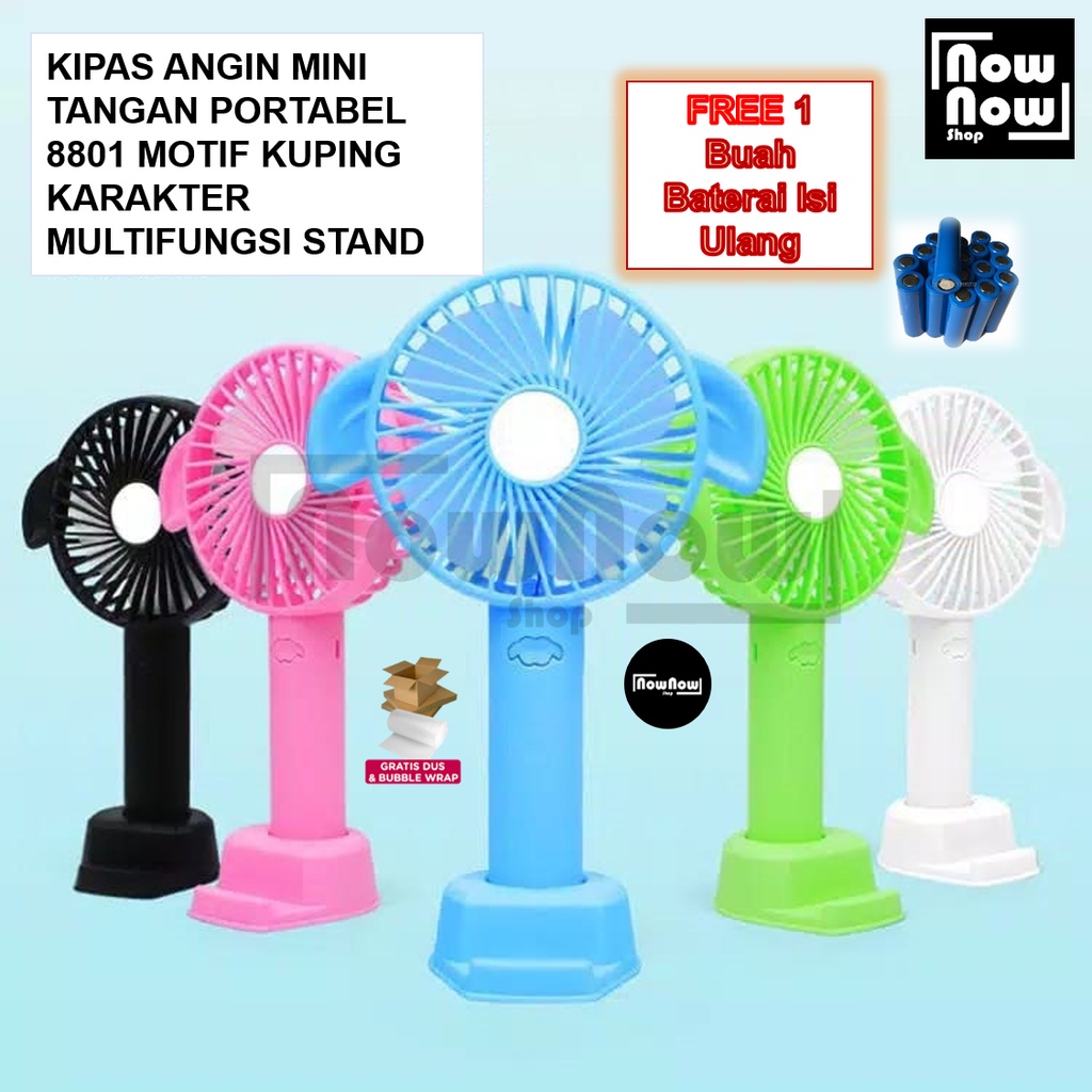 Kipas Angin Portabel Mini Motif Kuping 8801 Kipas Tangan Karakter Genggam Handy Portable Multifunctional Fan Stand Cartoon Fan Free Baterai Rechargeable Isi Ulang 18650 3400 mAh