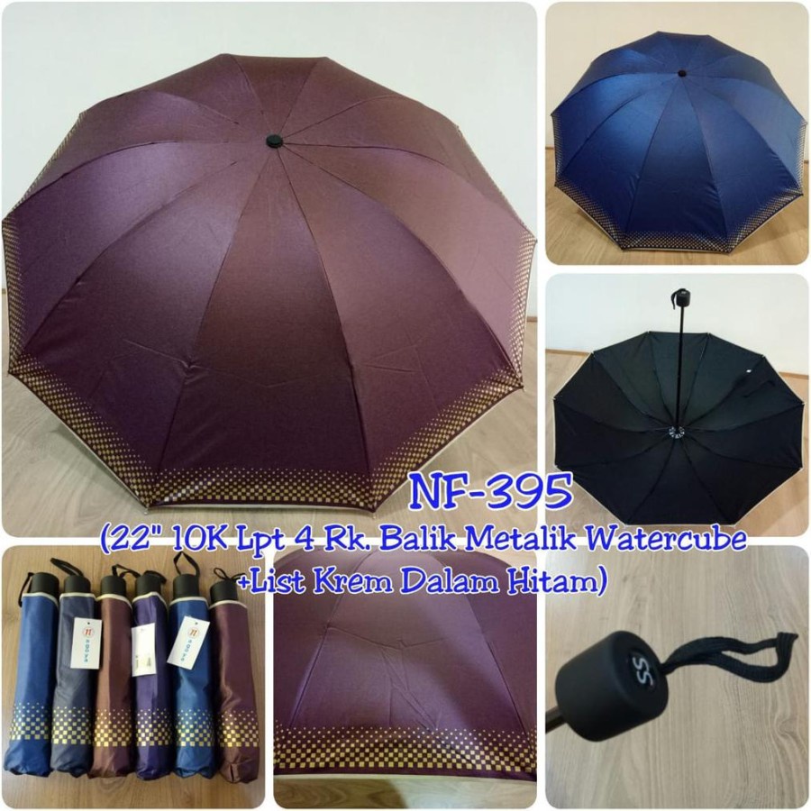 Payung Lipat 4 Polos List Batik Dalam Hitam Metalic Elegant Rangka 10 Jari Anti UV
