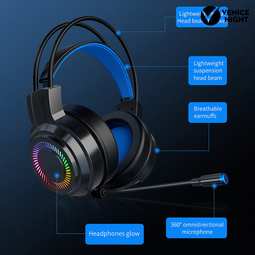 (VNEP) (Berkabel) G60 Headphone Bass Colorful Lights 3.5mm 7.1 Surround Sound Gaming Headset dengan Mic untuk Gamer